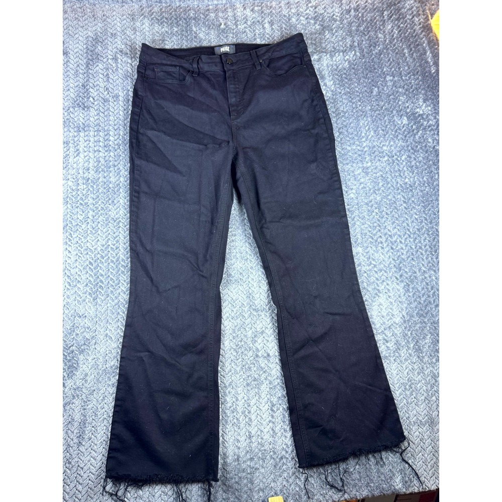 Paige Claudine Flare Jeans Womens 33 Black Denim Dark Wash High Rise Raw Hem
